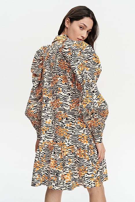 GATHERED VOLANT DRESS WILD PRINT ORANGE 2