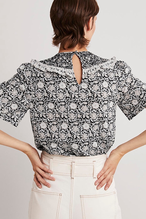 SMOCKED NECK PRINTED TOP BLK 2