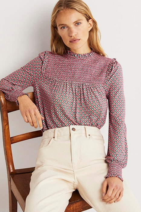 SMOCKED YOKE PRINTED TOP RED 1