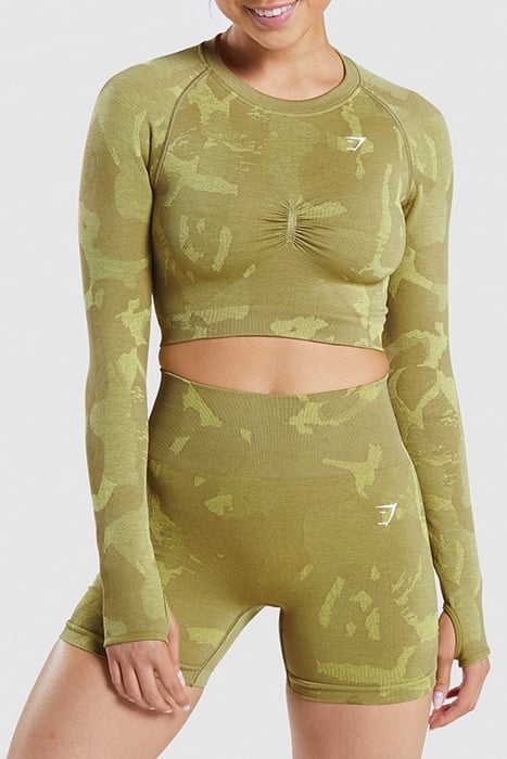 GYMSHARK ADAPT CAMO SEAMLESS LONG SLEEVE CROP TOP SAVANNA |  1