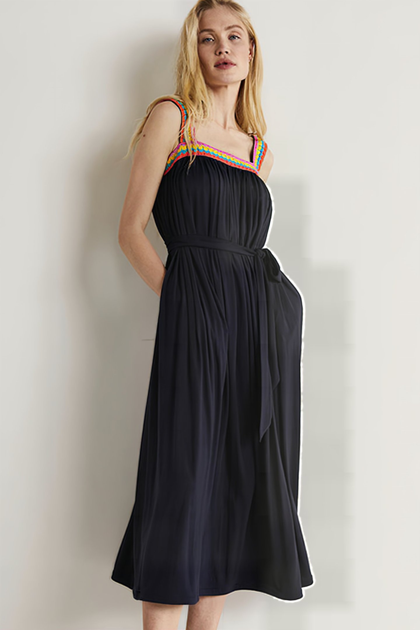 CROCHET TRIM JERSEY MAXI DRESS NAV 1