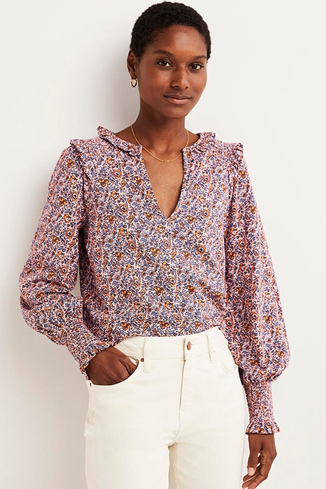 NOTCH NECK SMOCKED FRILL TOP PNK 1