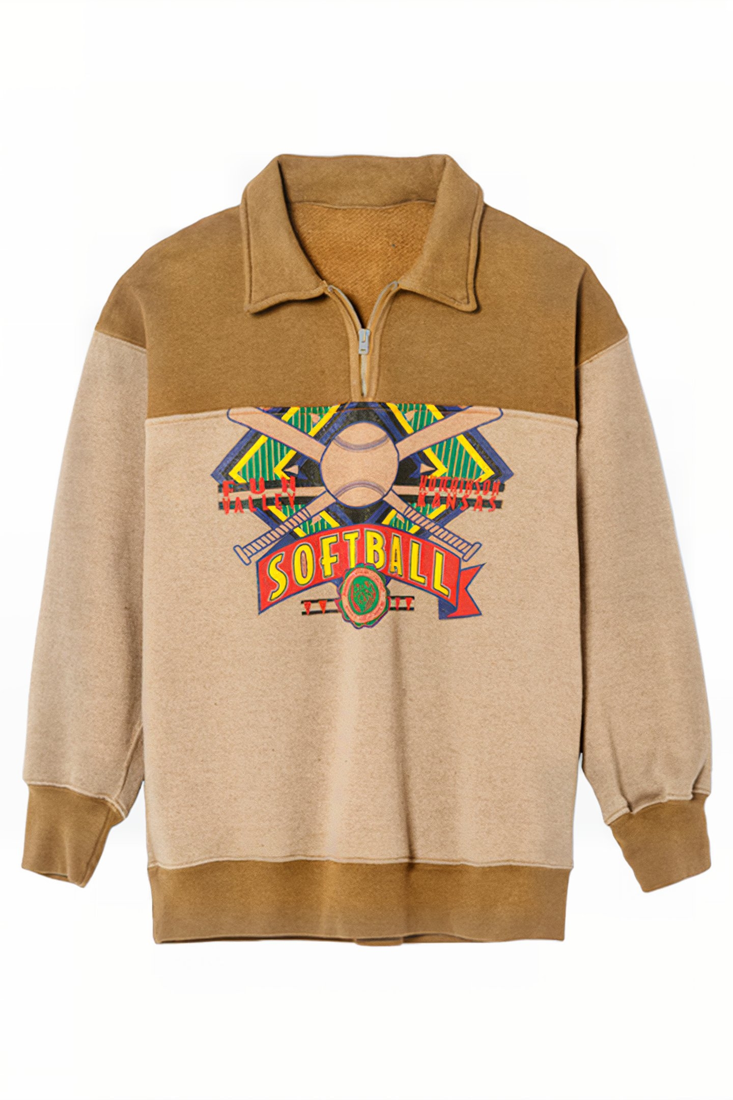 80S UPCYCLED OVERSIZED CROP HALF ZIP ASSORTED CARAMEL 1