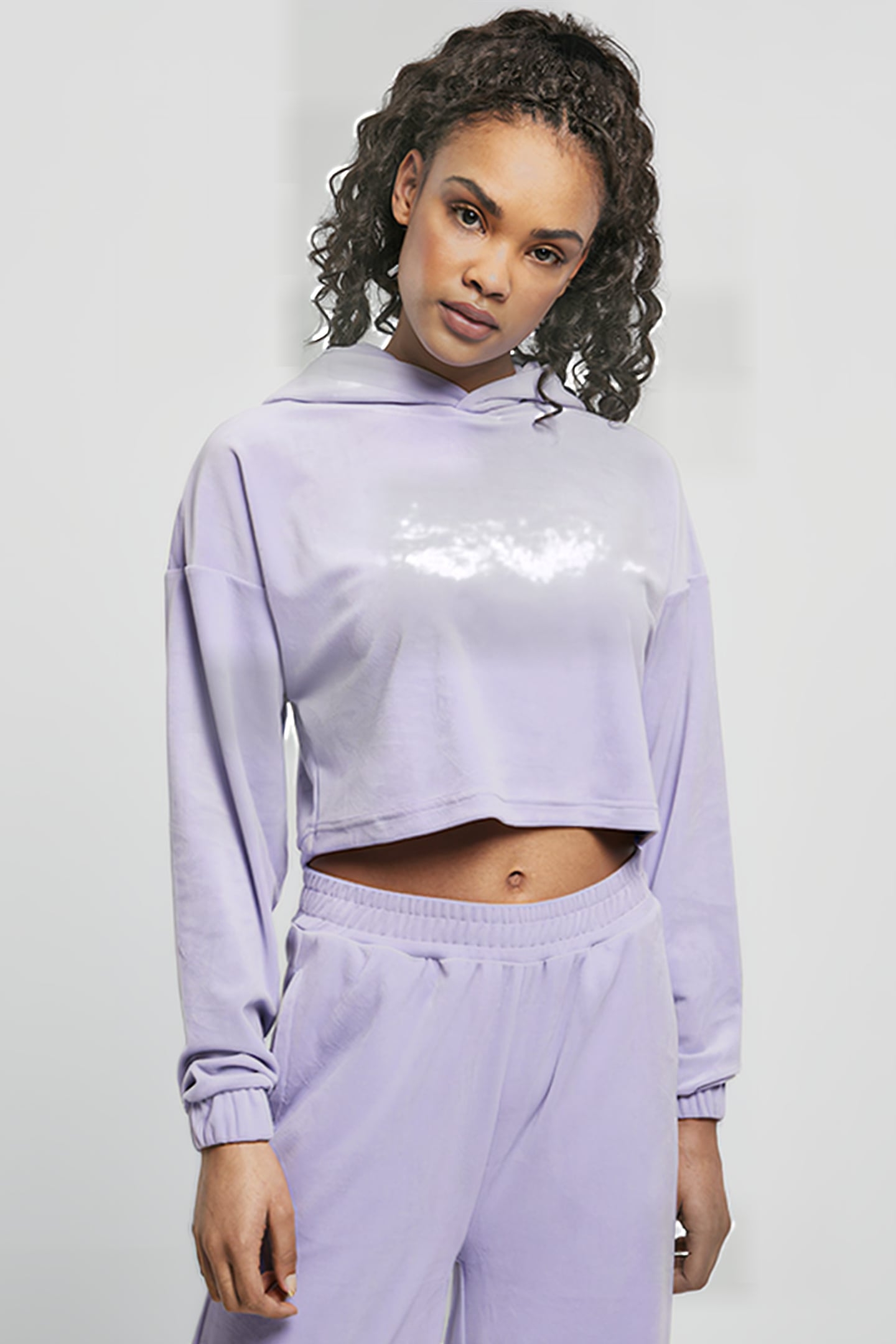 LADIES CROPPED VELVET OVERSIZED HOODY LAVENDER 2