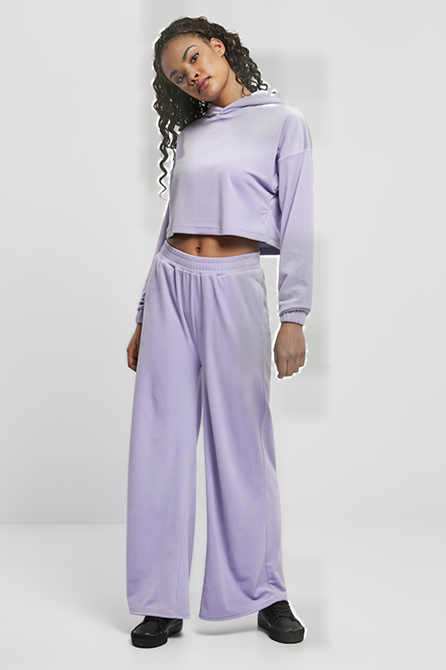 LADIES CROPPED VELVET OVERSIZED HOODY LAVENDER 4