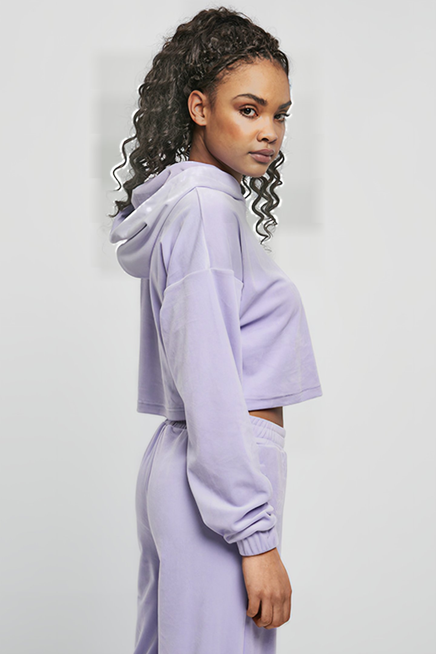 LADIES CROPPED VELVET OVERSIZED HOODY LAVENDER 6