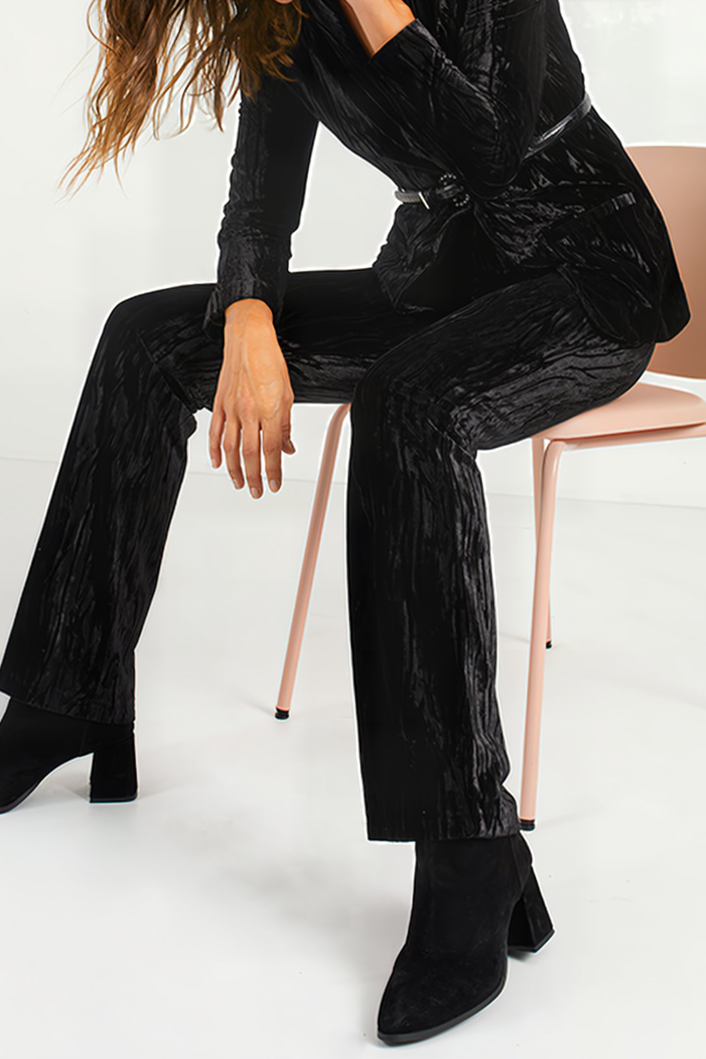 BLACK TEXTURED PANNE VELVET WIDE TROUSERS 5