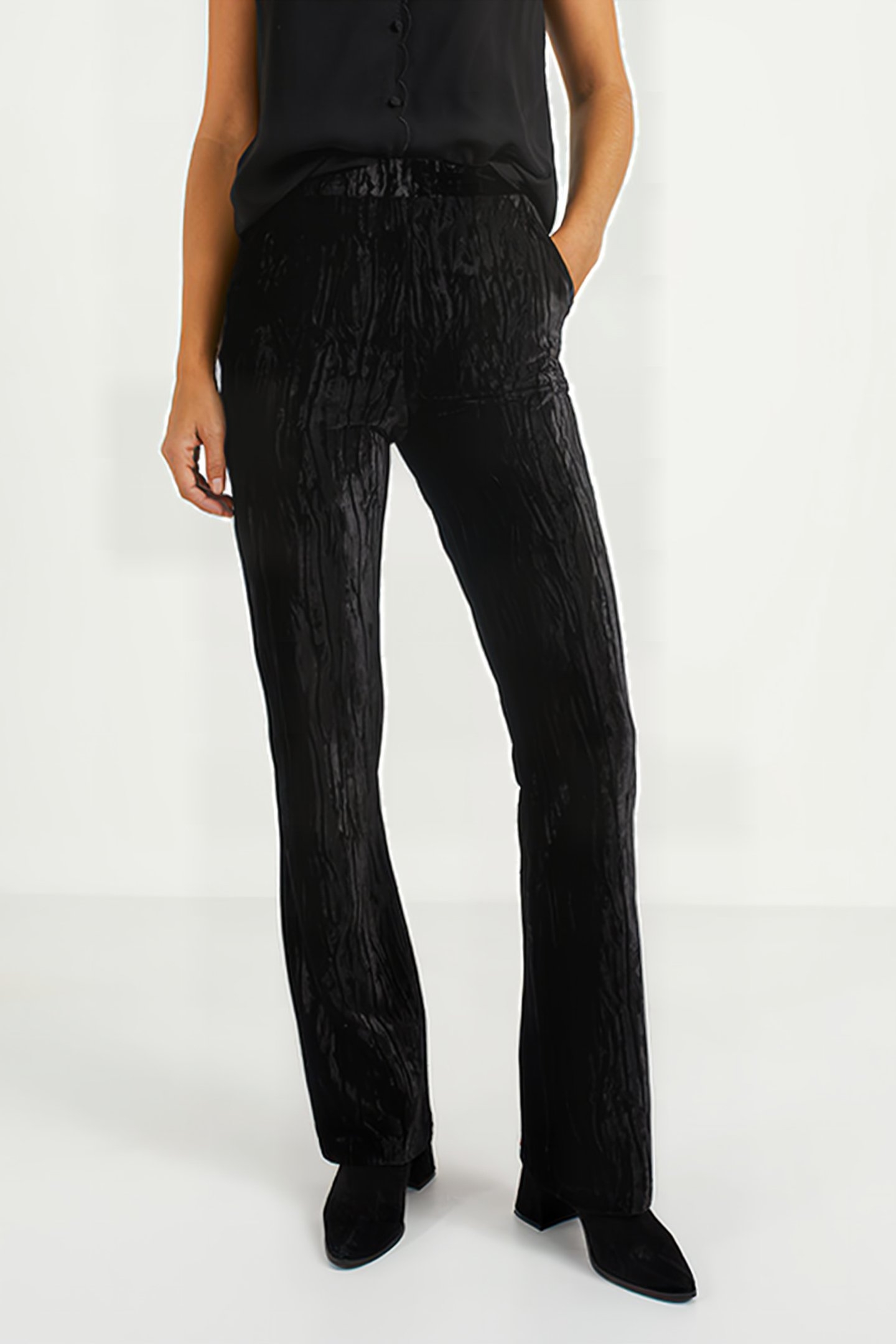 BLACK TEXTURED PANNE VELVET WIDE TROUSERS 1