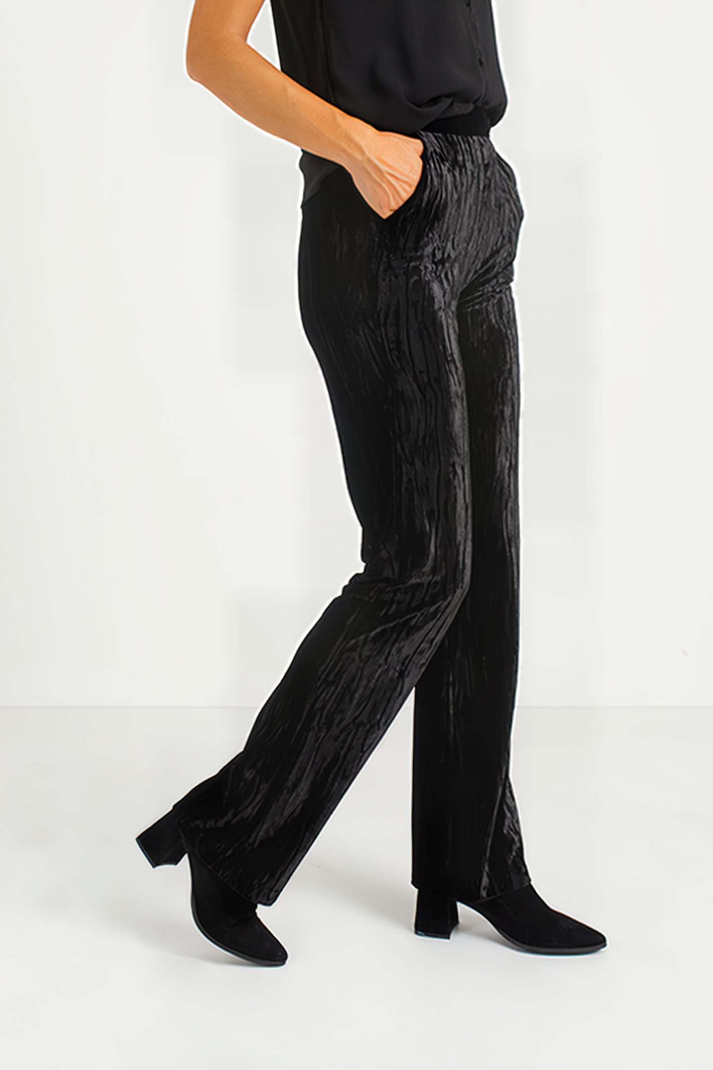 BLACK TEXTURED PANNE VELVET WIDE TROUSERS 4