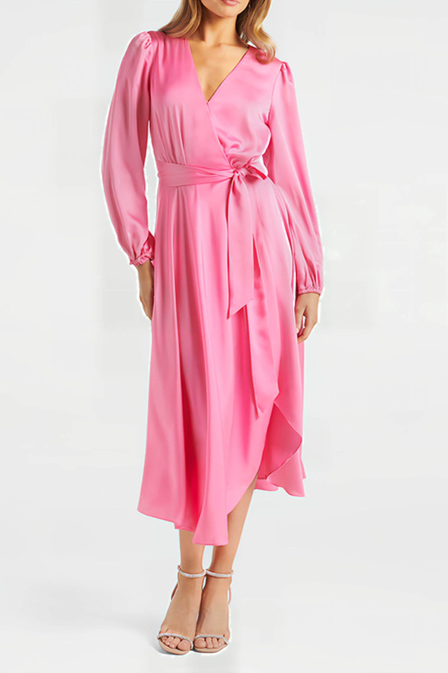 MARILYN SATIN WRAP MIDI DRESS PINK COSMOS 1