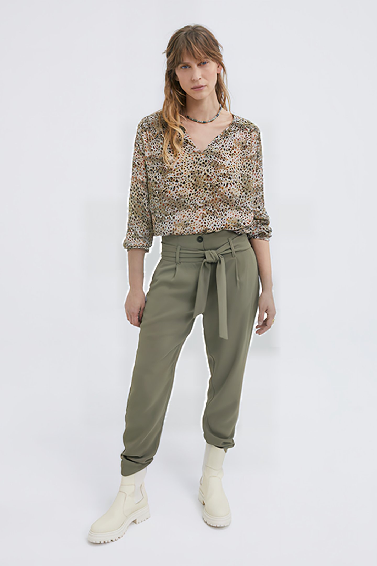 KHAKI BELTED HIGH-WAIST STRAIGHT TROUSERS 3