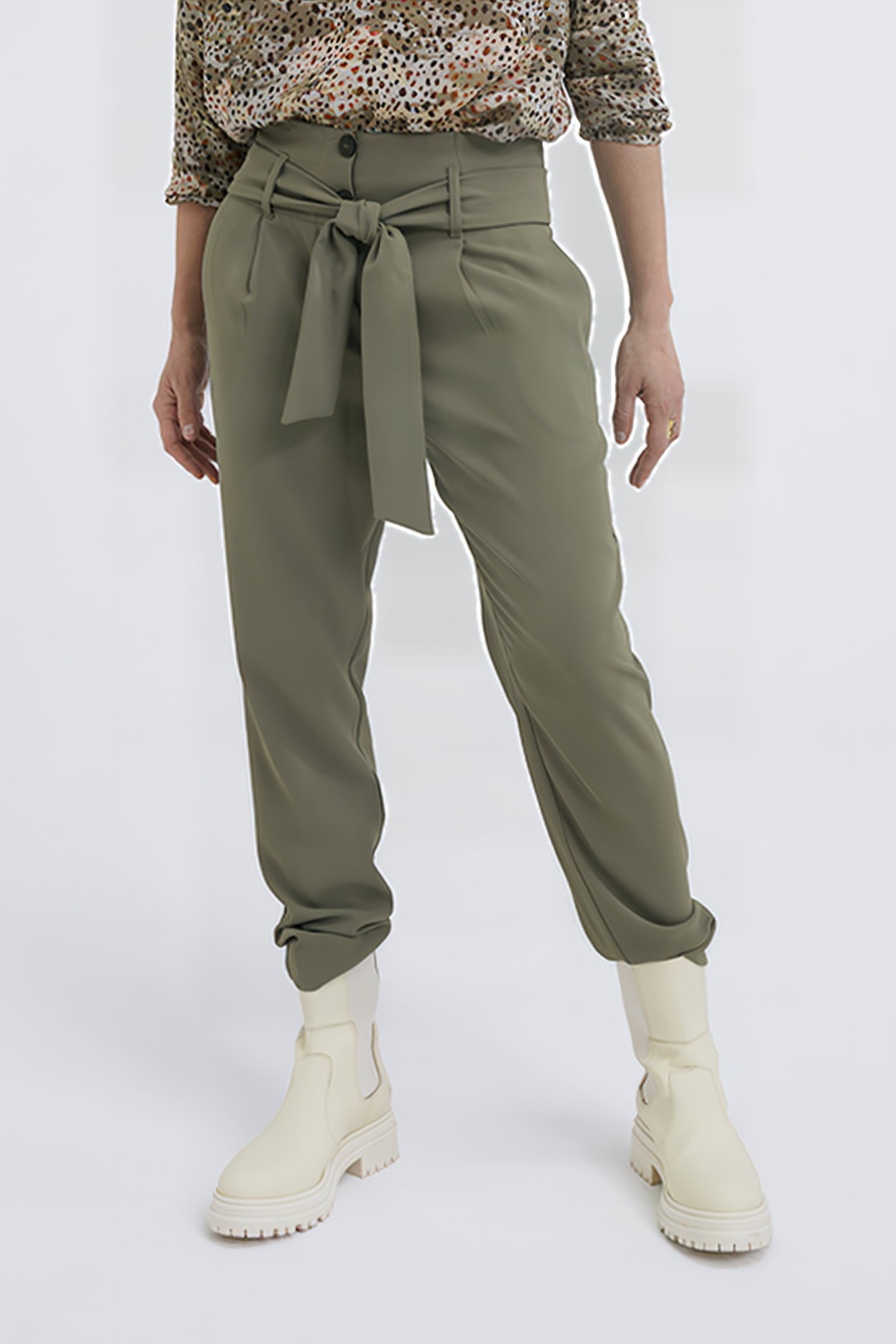 KHAKI BELTED HIGH-WAIST STRAIGHT TROUSERS 1
