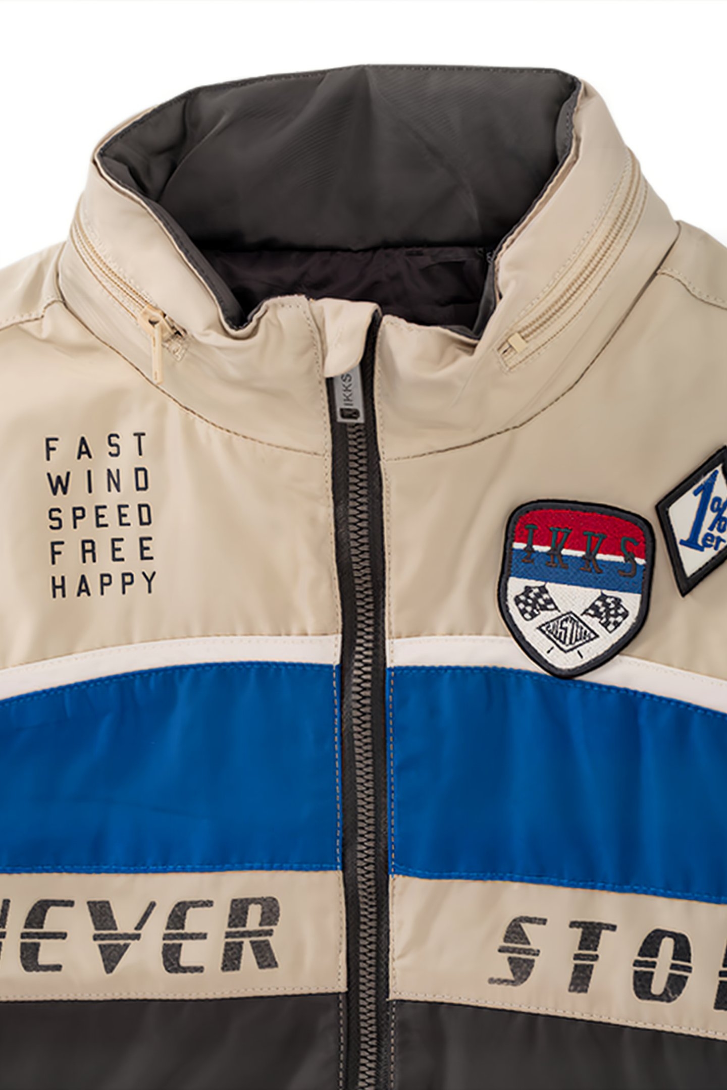 BOYS’ BEIGE, BLUE AND GREY PATCHED JACKET 6