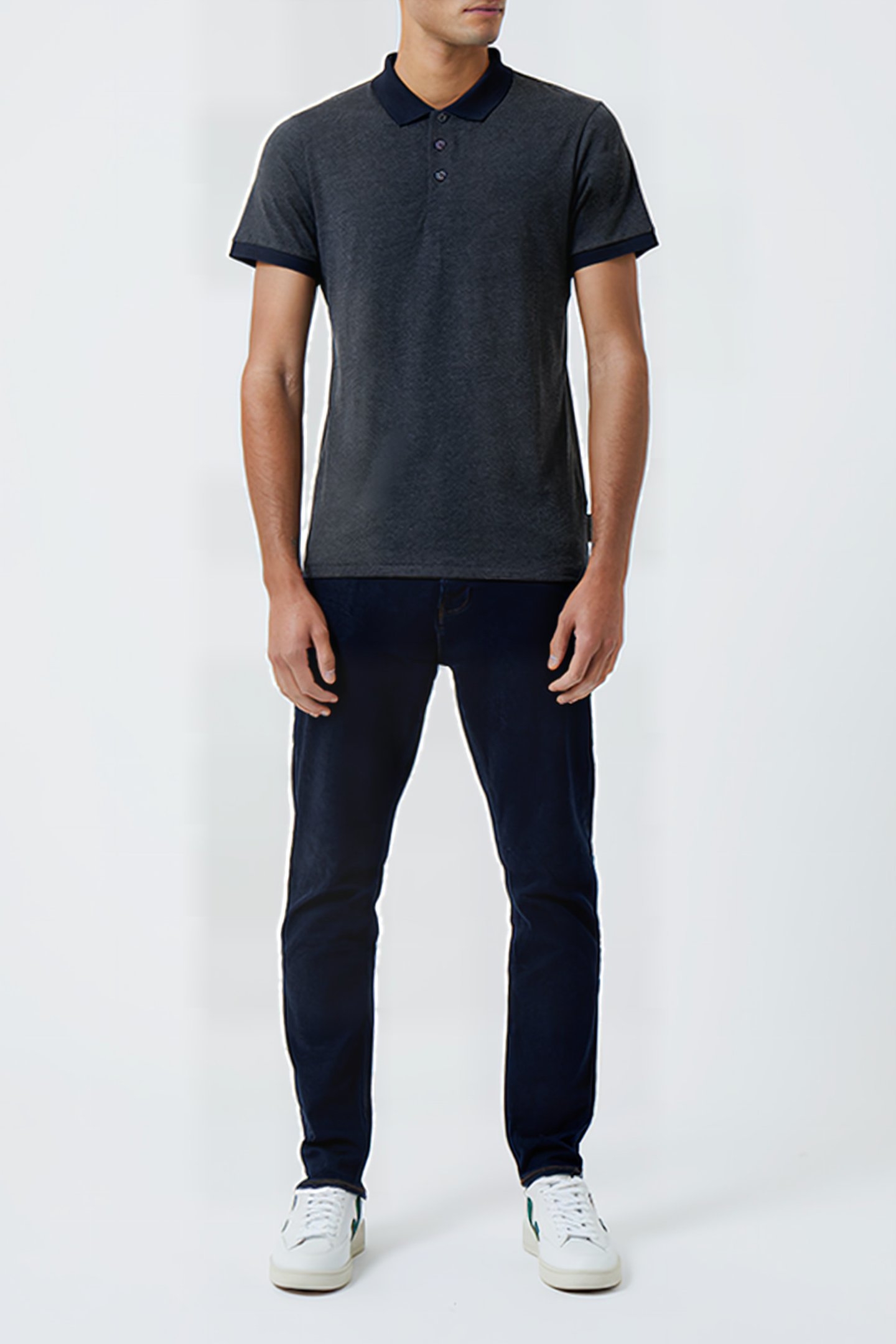 CONTRAST COLLAR POLO SHIRT CHARCOAL MEL/DK NAVY 1
