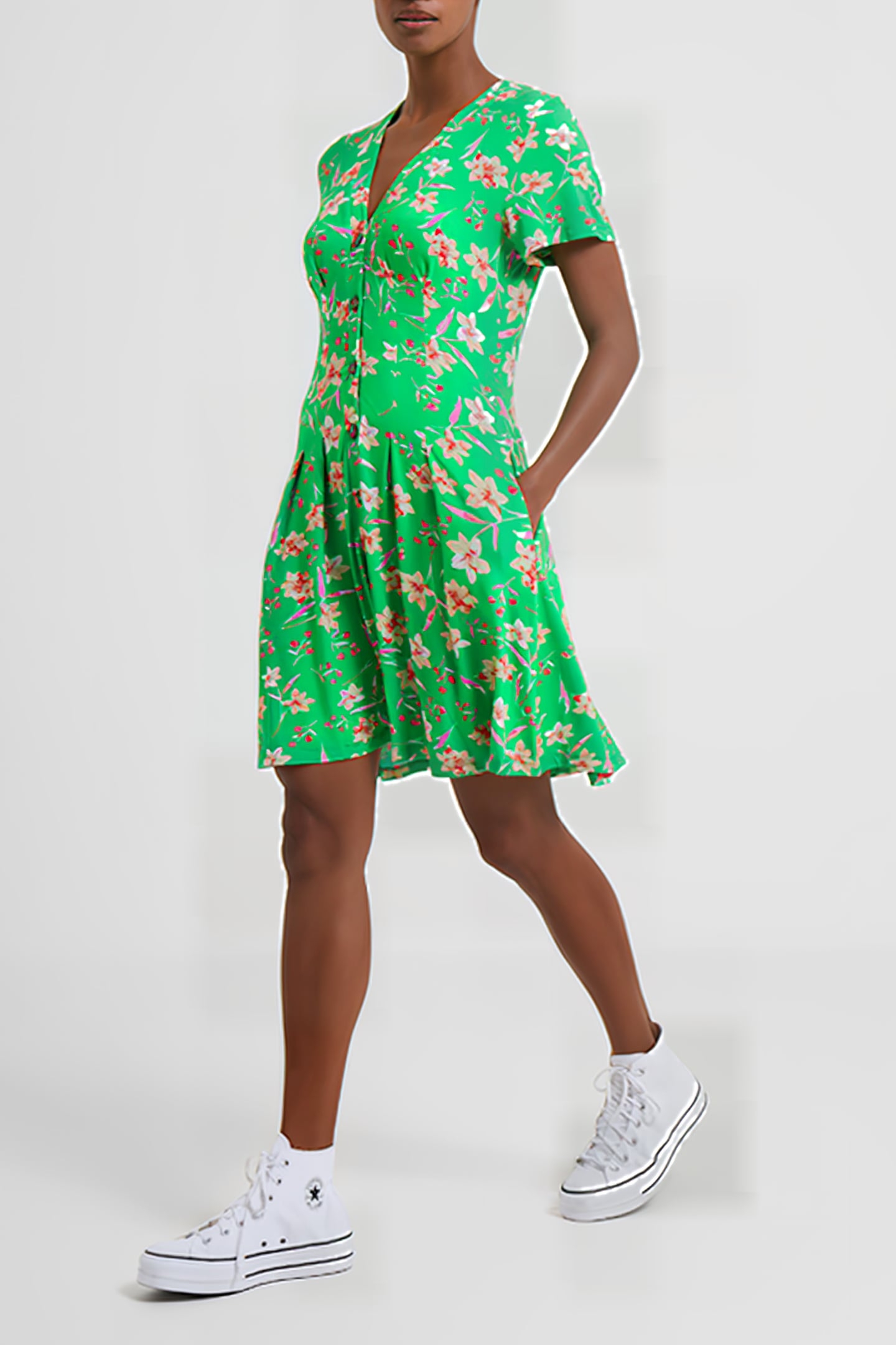 CAMILLE MEADOW V-NECK POCKET MINI DRESS POISE GREEN 1