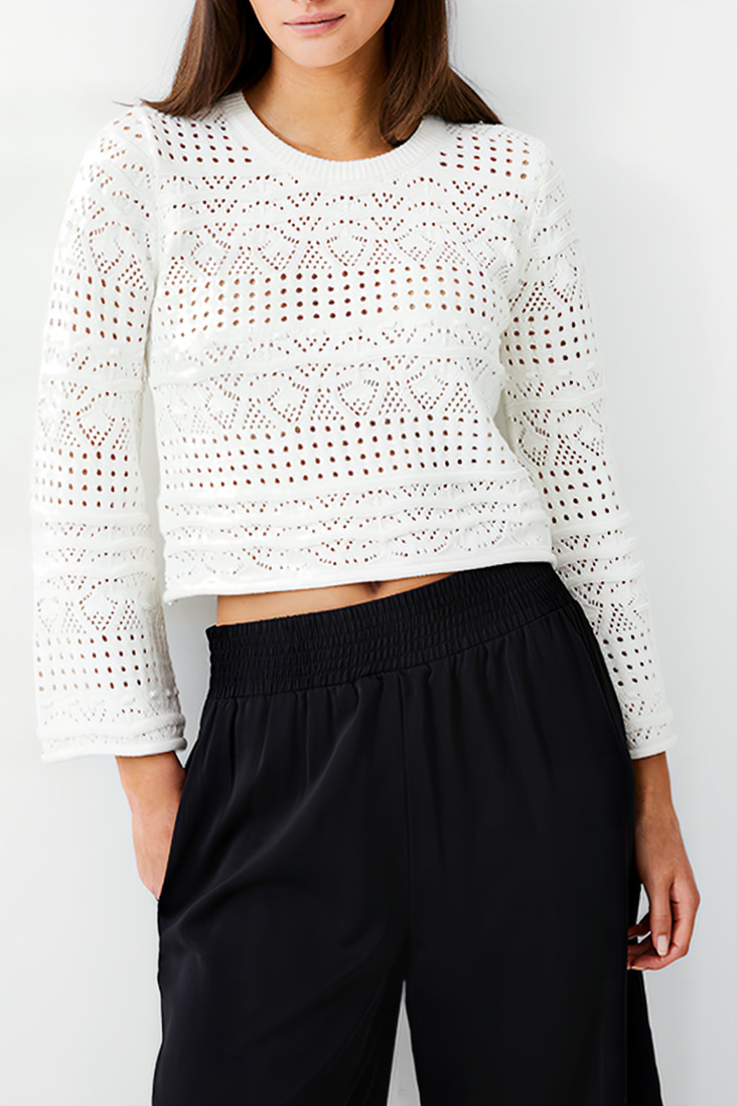 L/S CROCHET BOBBLE KNIT IVORY 1