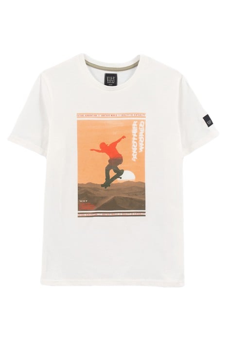 BOYS’ WHITE ORGANIC COTTON T-SHIRT WITH SKATEBOARDER IMAGE 1