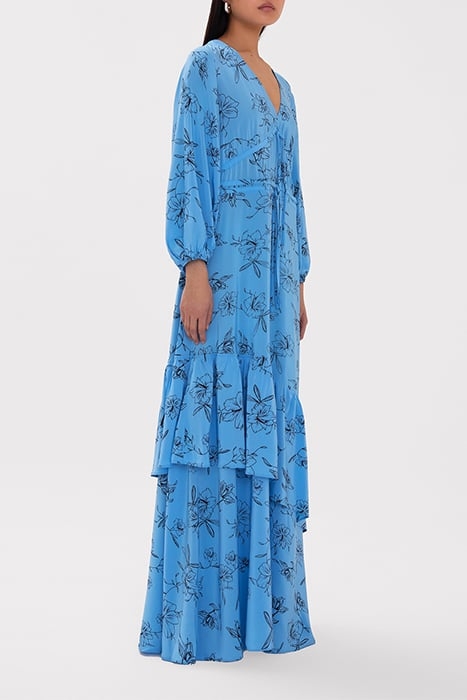NIOBE MAXI LENGTH RUFFLE DRESS FLOWER SUMMER SKY 4