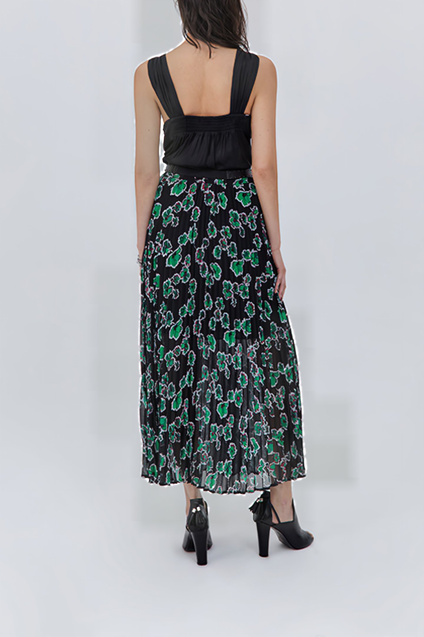 BLACK XL FLORAL PRINT LONG PLEATED SKIRT 3