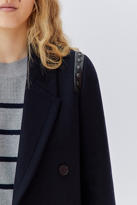 NAVY WOOL FABRIC STUDDED STRAIGHT COAT 5