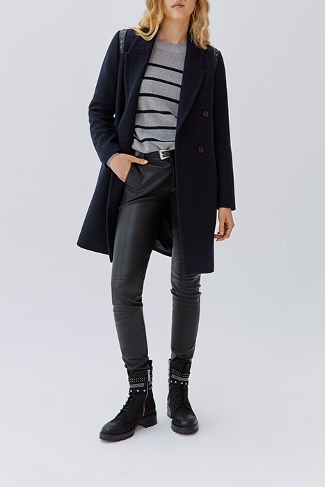 NAVY WOOL FABRIC STUDDED STRAIGHT COAT 3