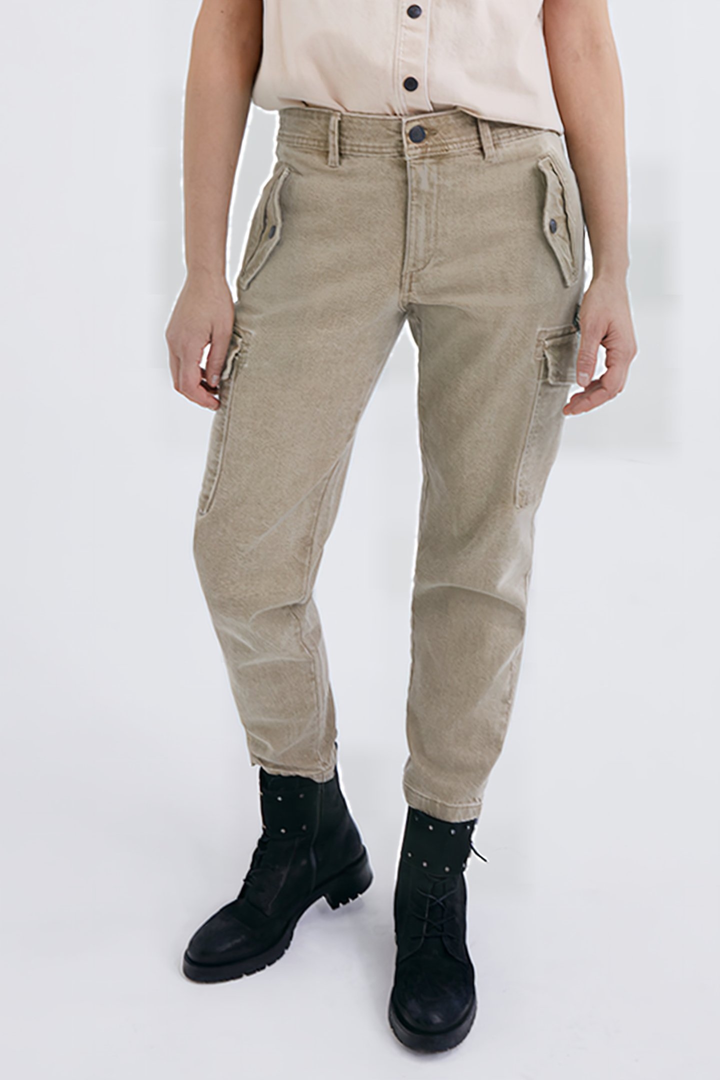LIGHT KHAKI TERRA DENIM CROPPED COMBAT TROUSERS 1