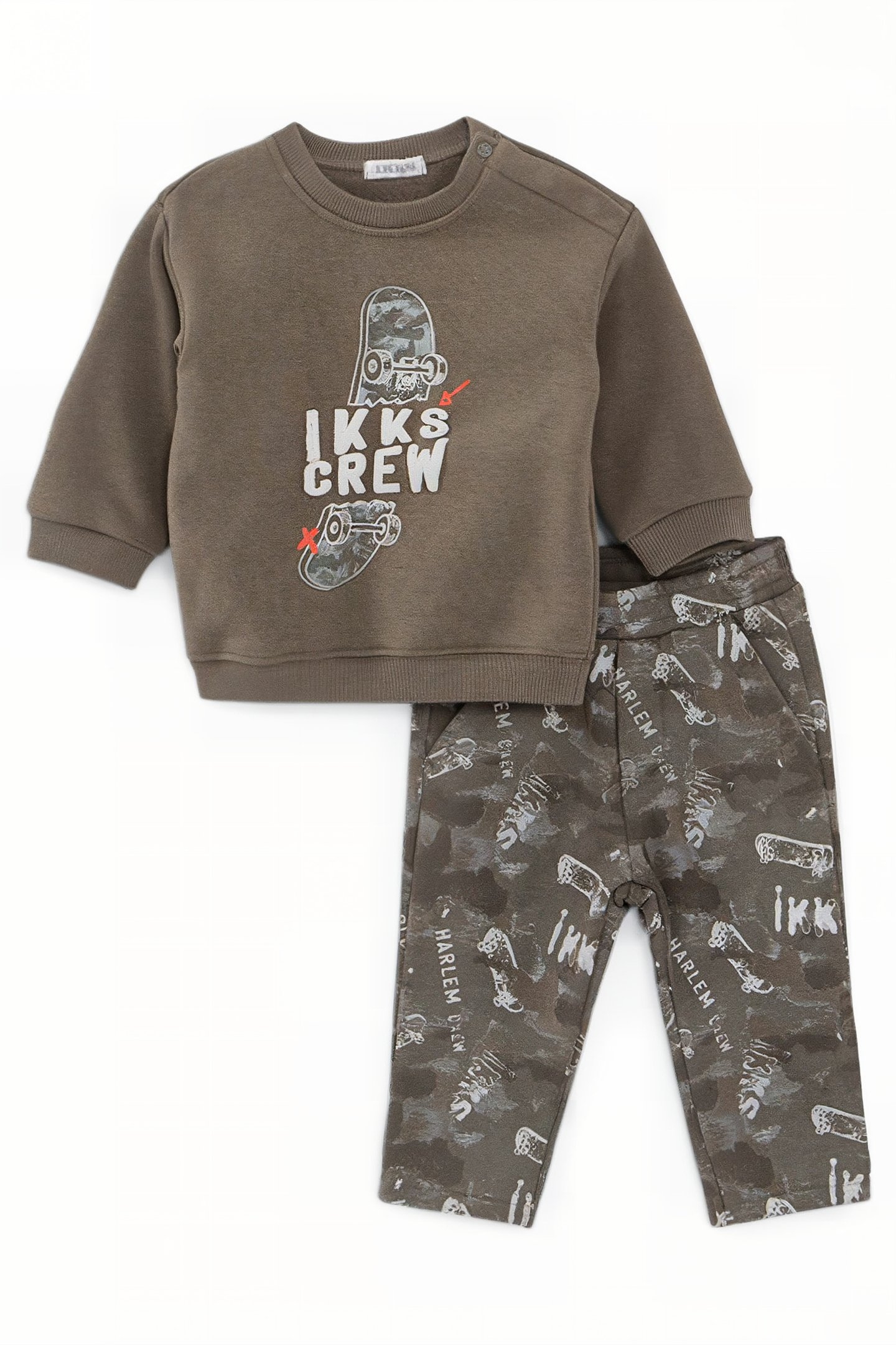 BABY BOYS’ CAMOUFLAGE JOGGERS AND KHAKI SWEATSHIRT OUTFIT 1