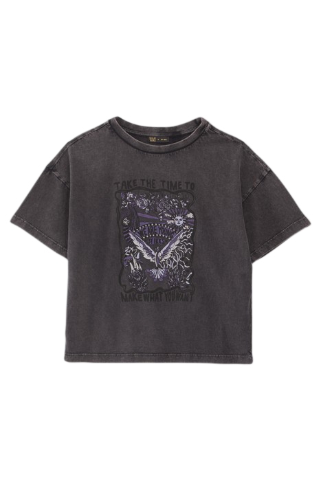 GIRLS’ GREY STUDDED ROCK IMAGE T-SHIRT BLACK USED 1