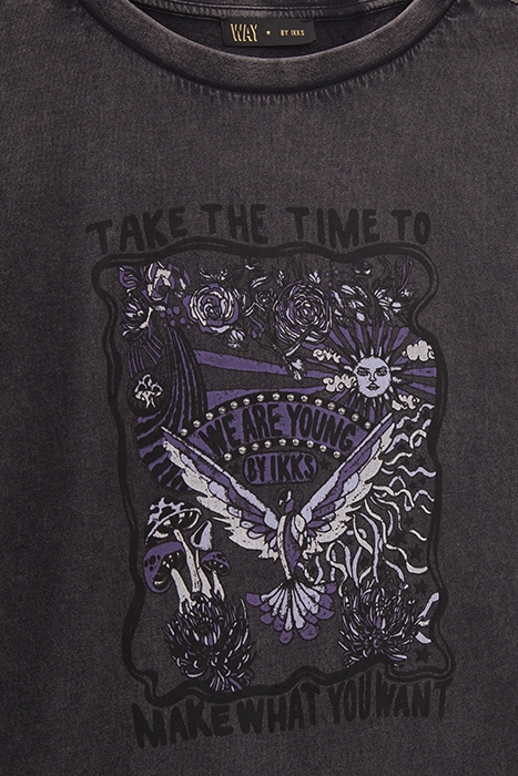 GIRLS’ GREY STUDDED ROCK IMAGE T-SHIRT BLACK USED 3