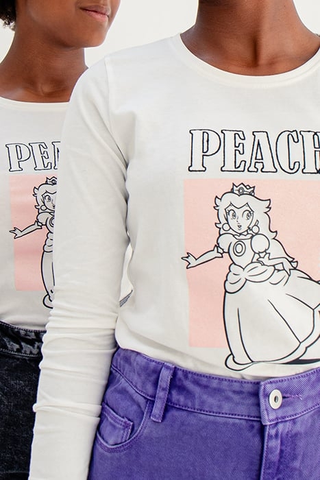 GIRLS’ WHITE PRINCESS PEACH T-SHIRT, GLITTERY PEACH IMAGE WH 6