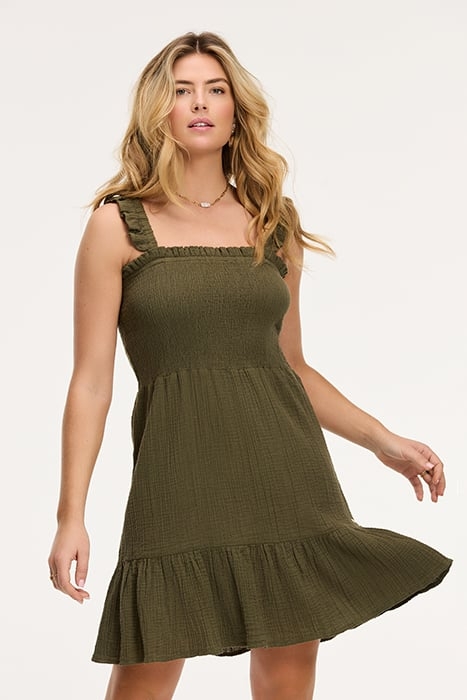 BORA-BORA DRESS MOUSSELINE WAFFLE FOREST GREEN 1