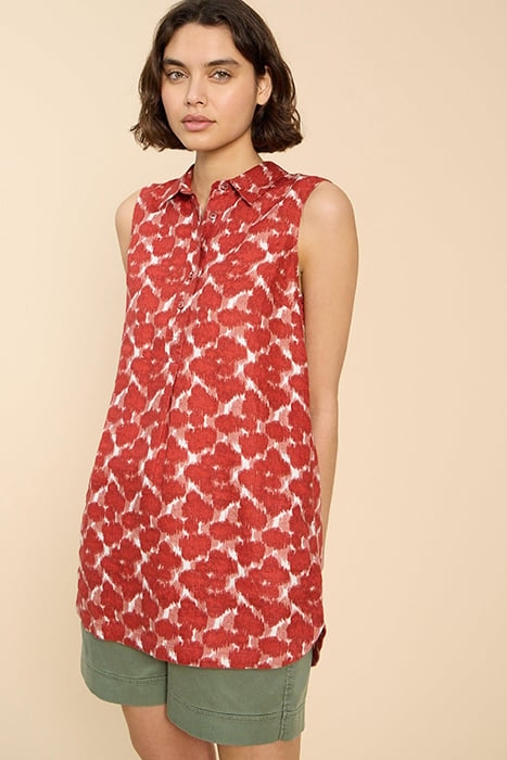 EVELYN SLEEVELE LINEN TUNIC RED PRINTED 1