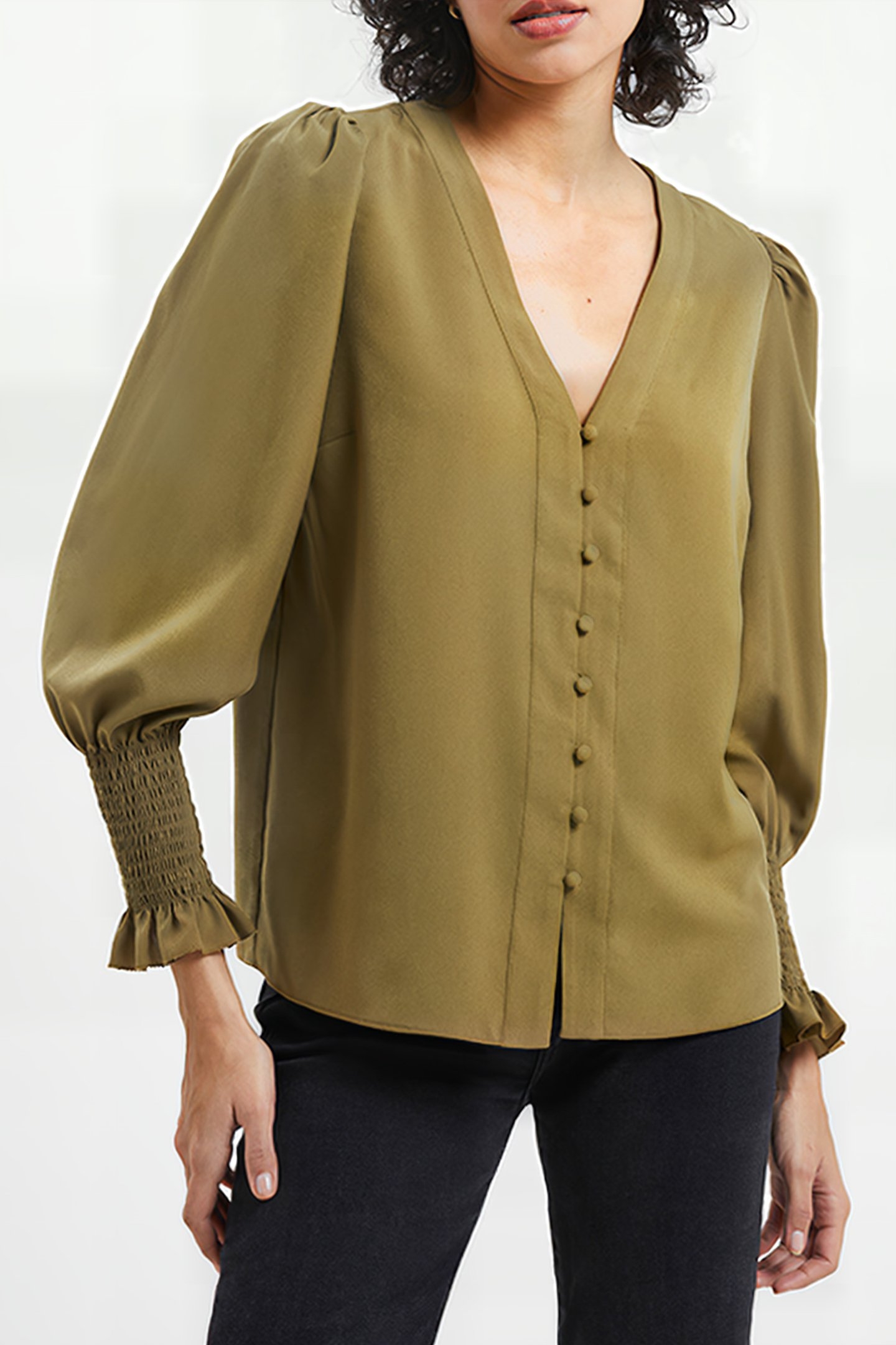 CREPE V NECK BLOUSE BROWN 1