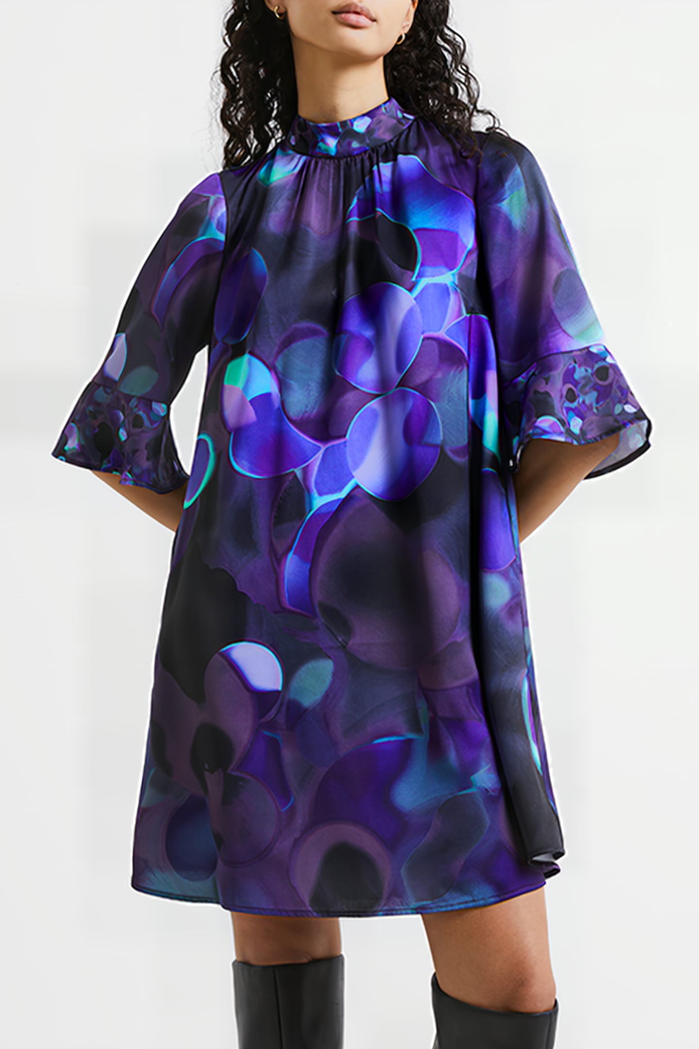 EVA HARLOW FLUTED SLEEVE DRESS BLUE 1