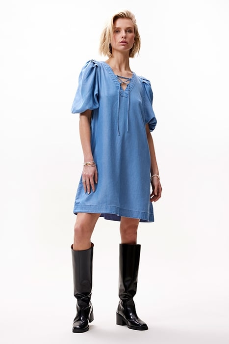 PUFF SLEEVE V NECK DRESS BLUE 2