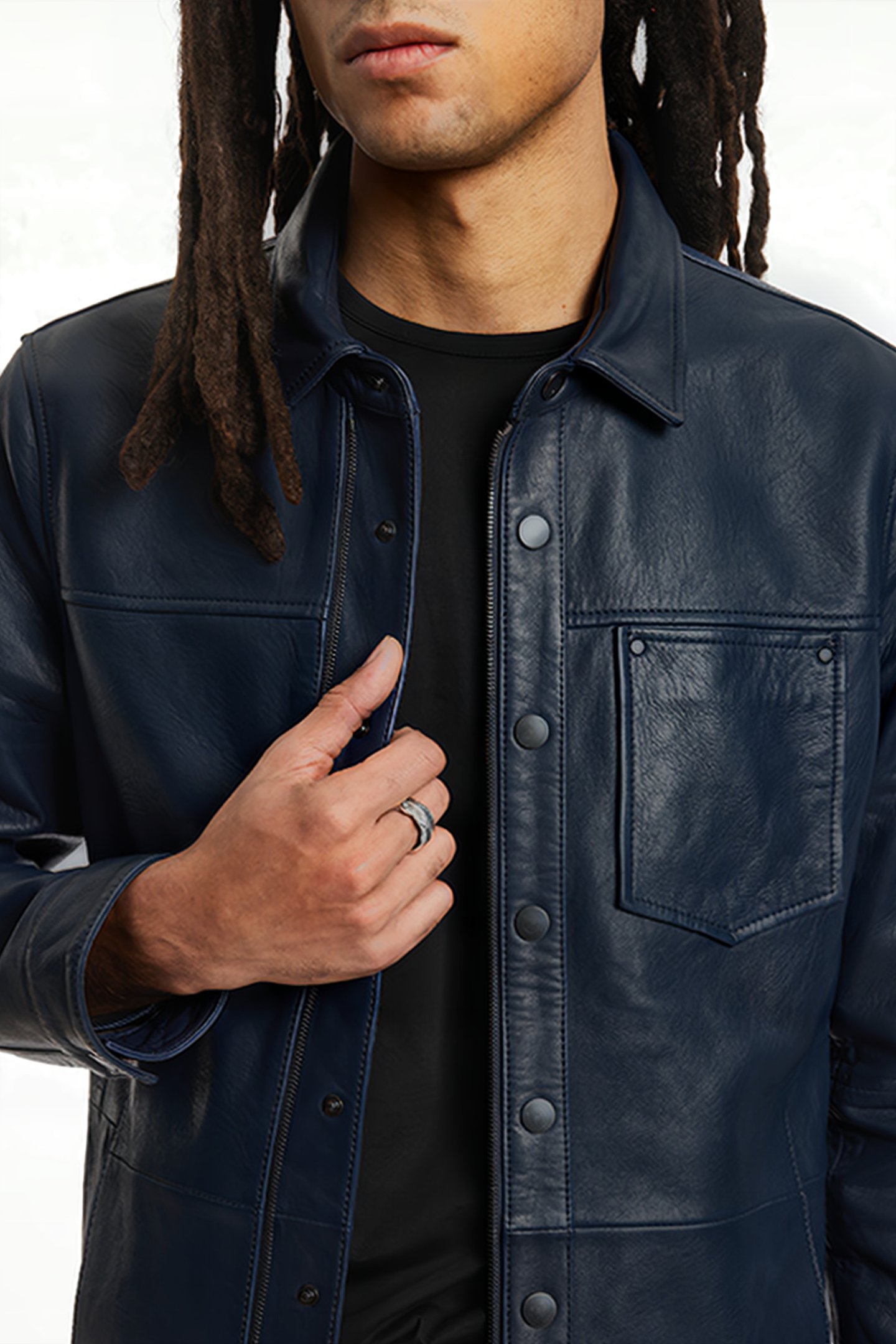 SNAP/ZIP SHIRT LEATHER JACKET INK BLUE 3