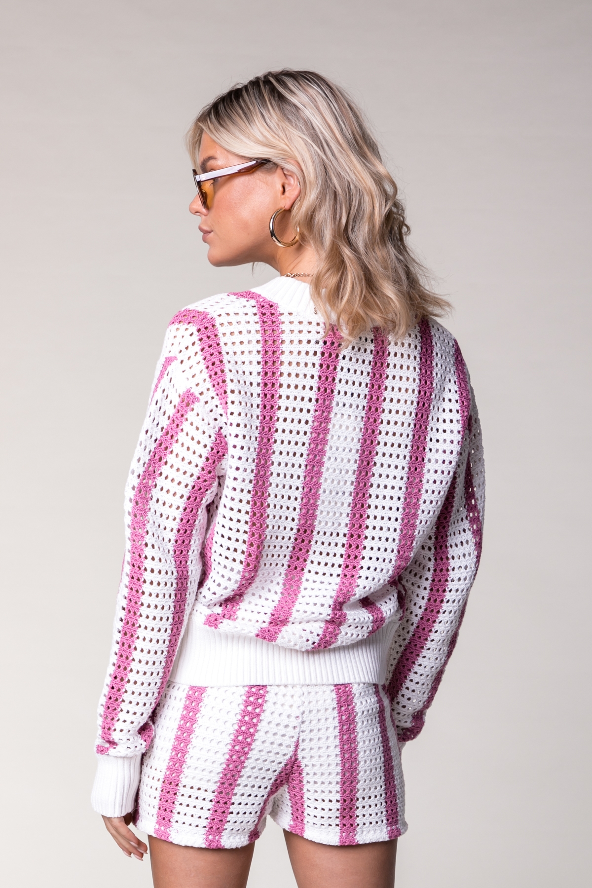 LIZZA CROCHET STRIPE V-NECK SWEATER MEDIUM PINK 2