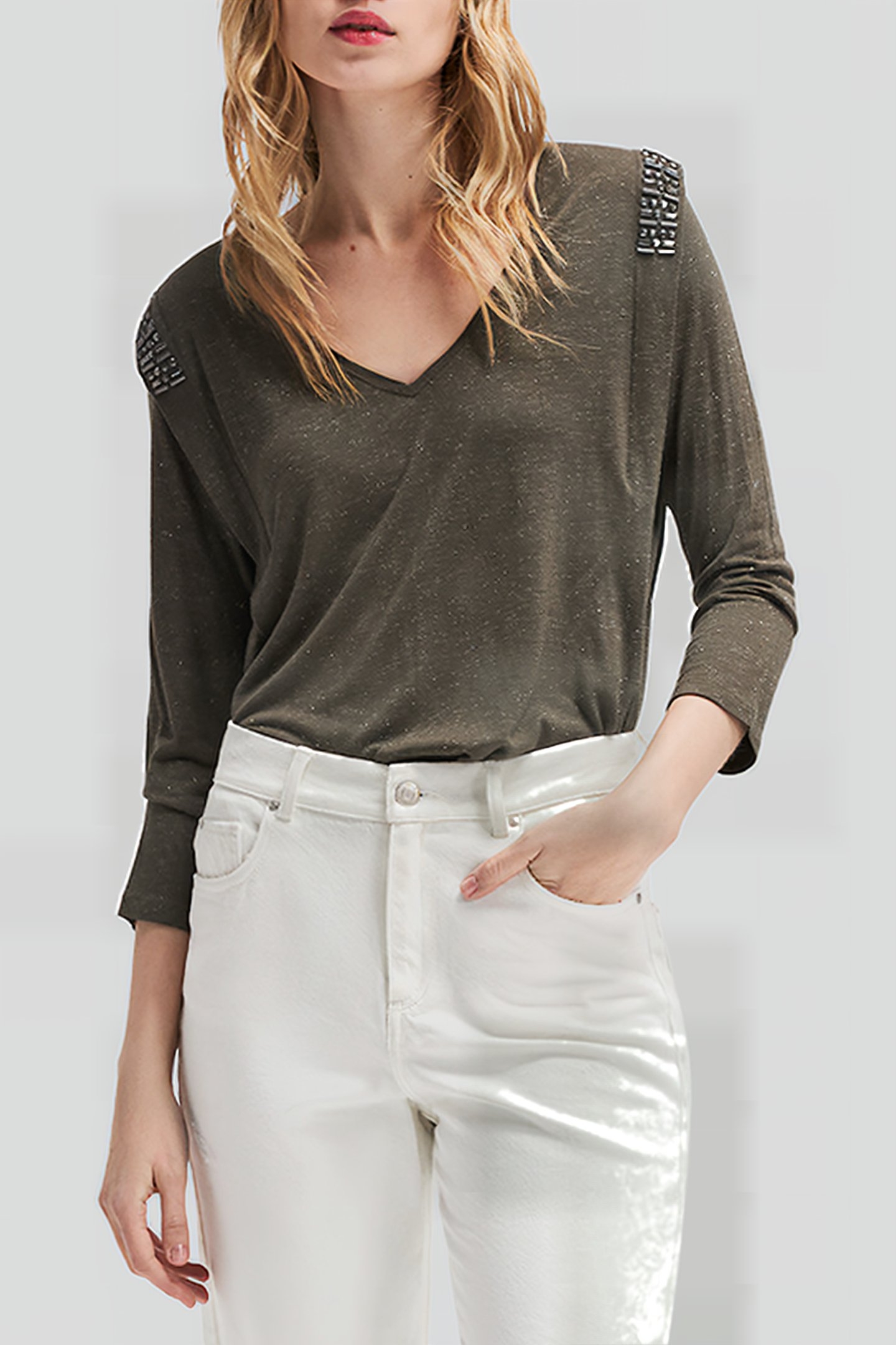 KHAKI V_NECK VISCOSE T_SHIRT WITH RHINESTONES 1