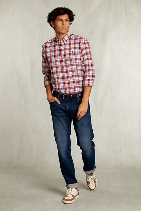 CUSTOM FIT CHECKED SHIRT LINEN-COTTON MULTI RED 3