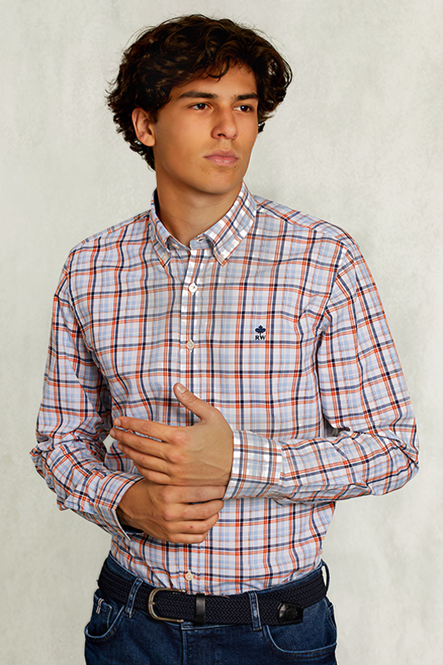 CUSTOM FIT PLAID SHIRT ORANGE/BLUE 1