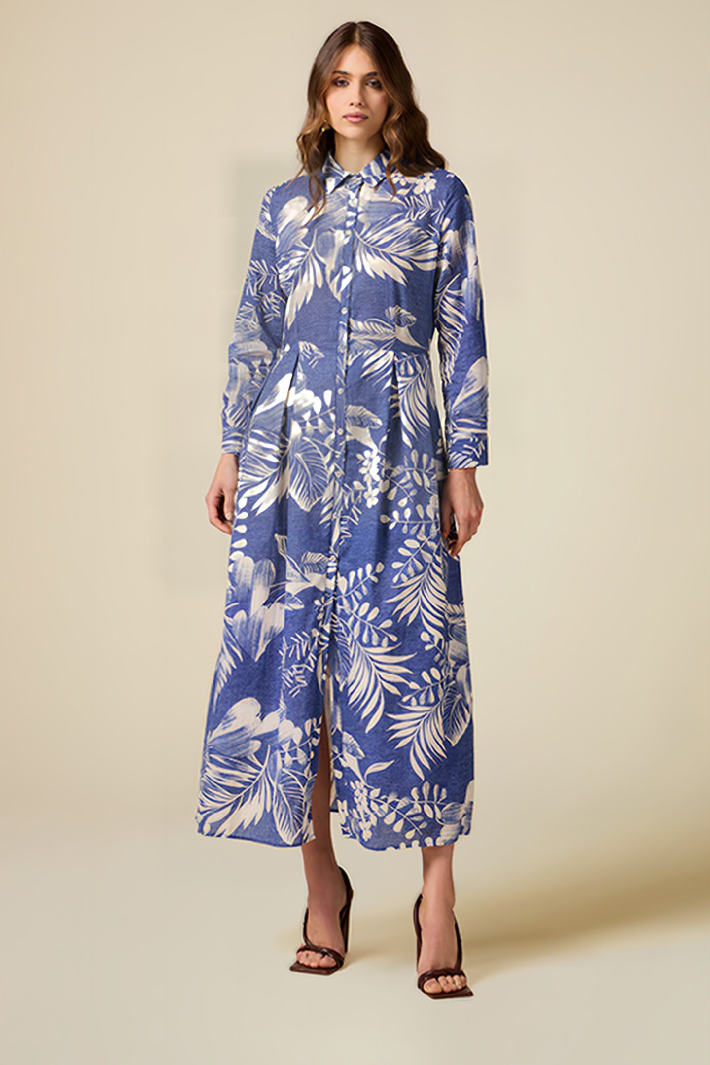 PATTERNED COTTON LONG CHEMISIER DRESS BLUE 1