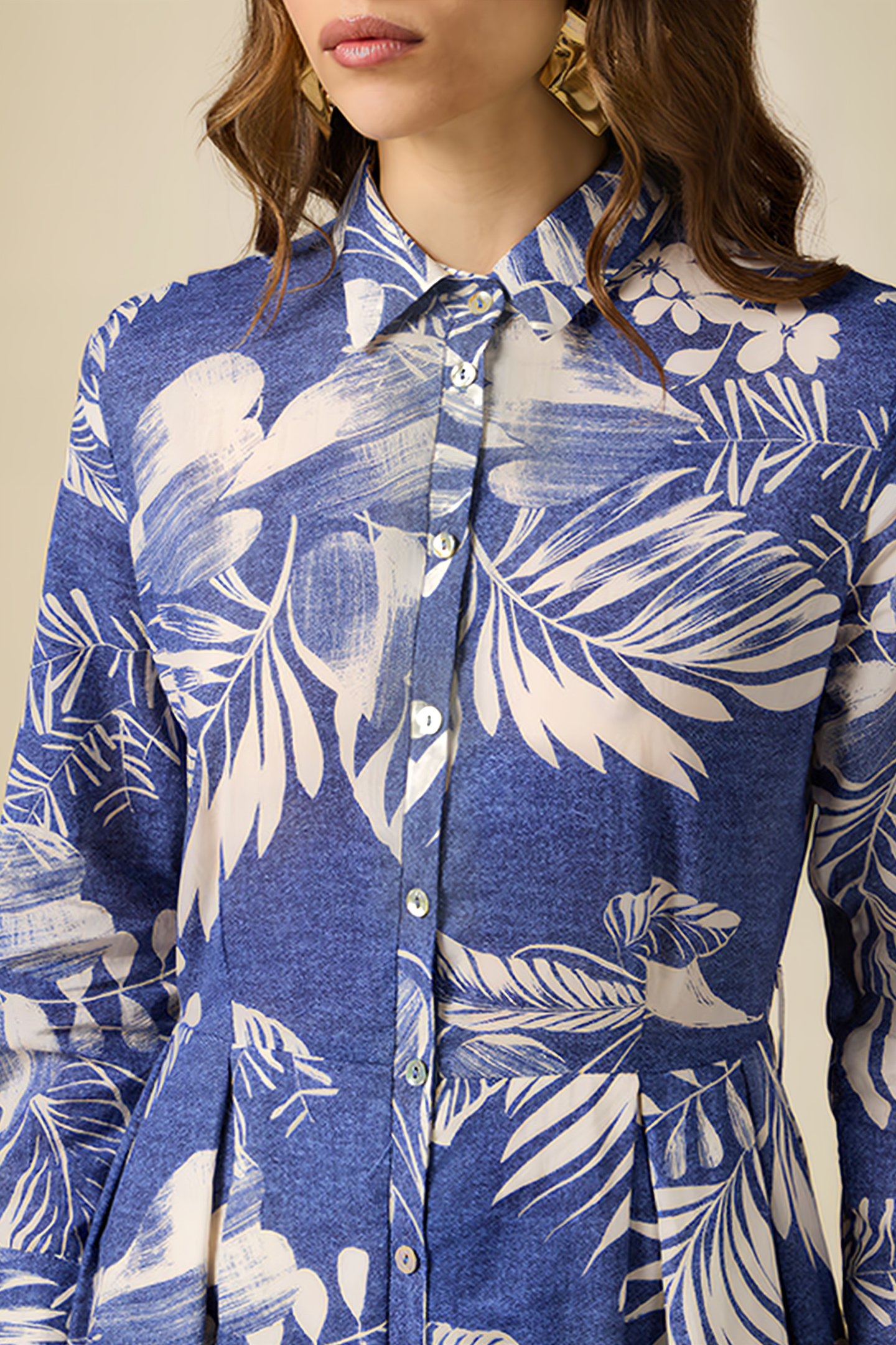 PATTERNED COTTON LONG CHEMISIER DRESS BLUE 5