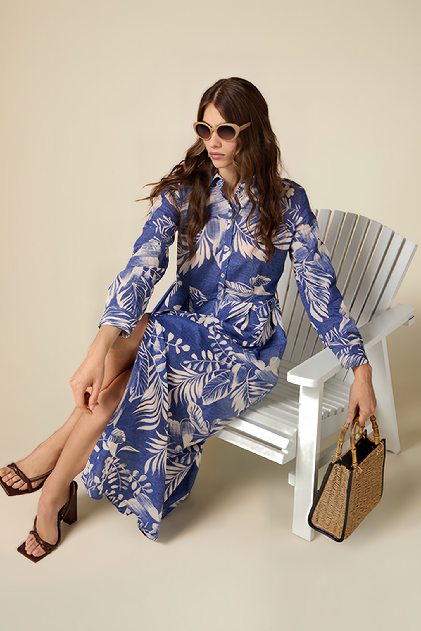 PATTERNED COTTON LONG CHEMISIER DRESS BLUE 4