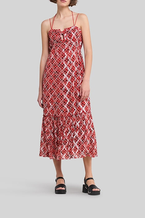 POPPY RED LONG DRESS WITH CHECK PRINT 1