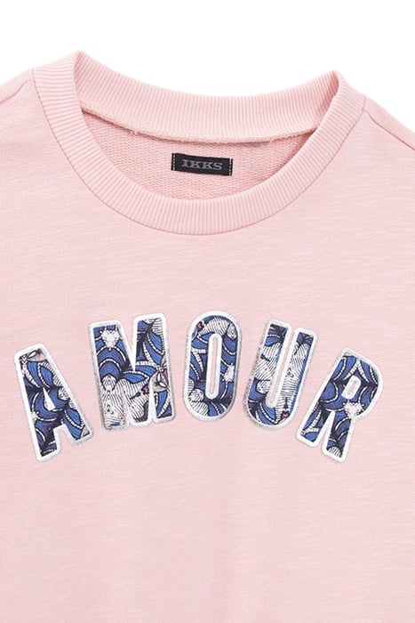 GIRLS' PINK ORGANIC COTTON SWEATSHIRT, FLOCKED WAX SLOGAN 3