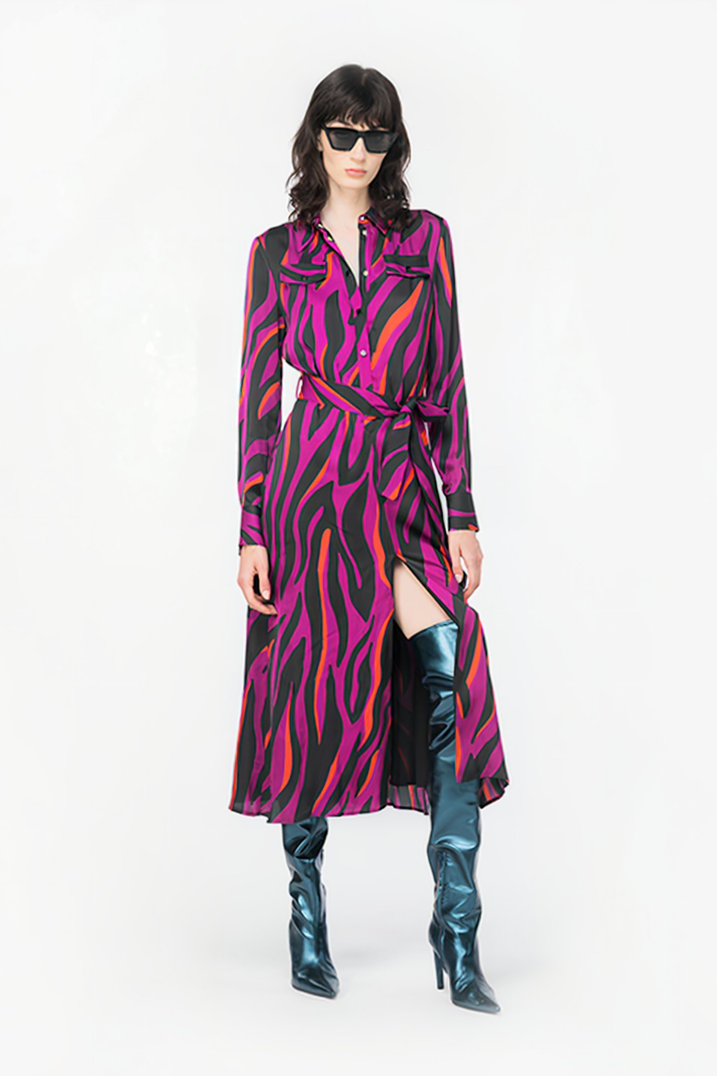 ASSENTE ABITO SATIN STAMPATO BOUGAINVILLEA/BLACK/ORANGE 1