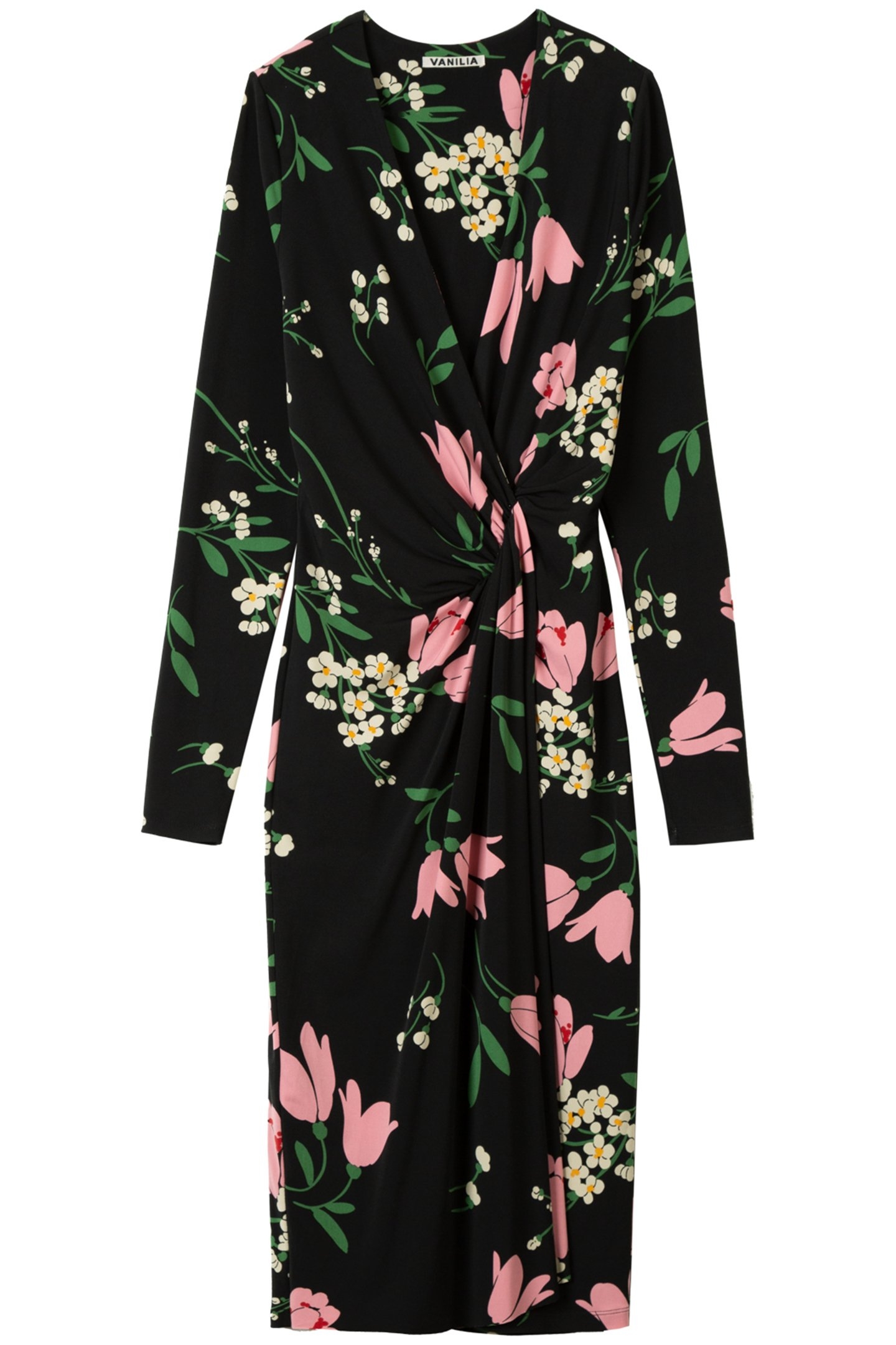 DRESS FLORAL CREPE DRAPE BLACK/CHATEAU ROSE/GREEN 3