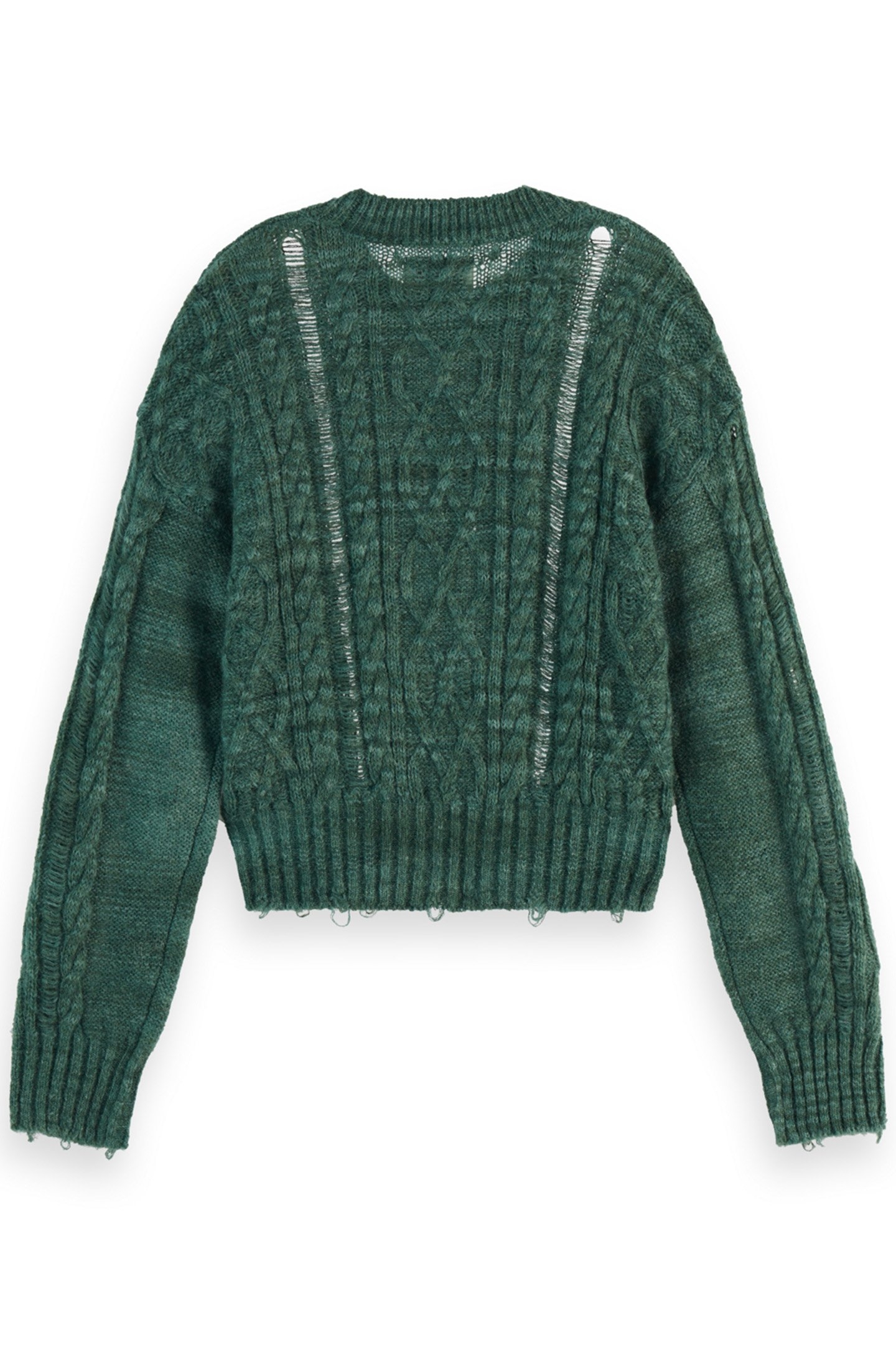 DISTRESSED CABLE STITCH CROPPED PULLOVER GREEN SPACE DYE 2