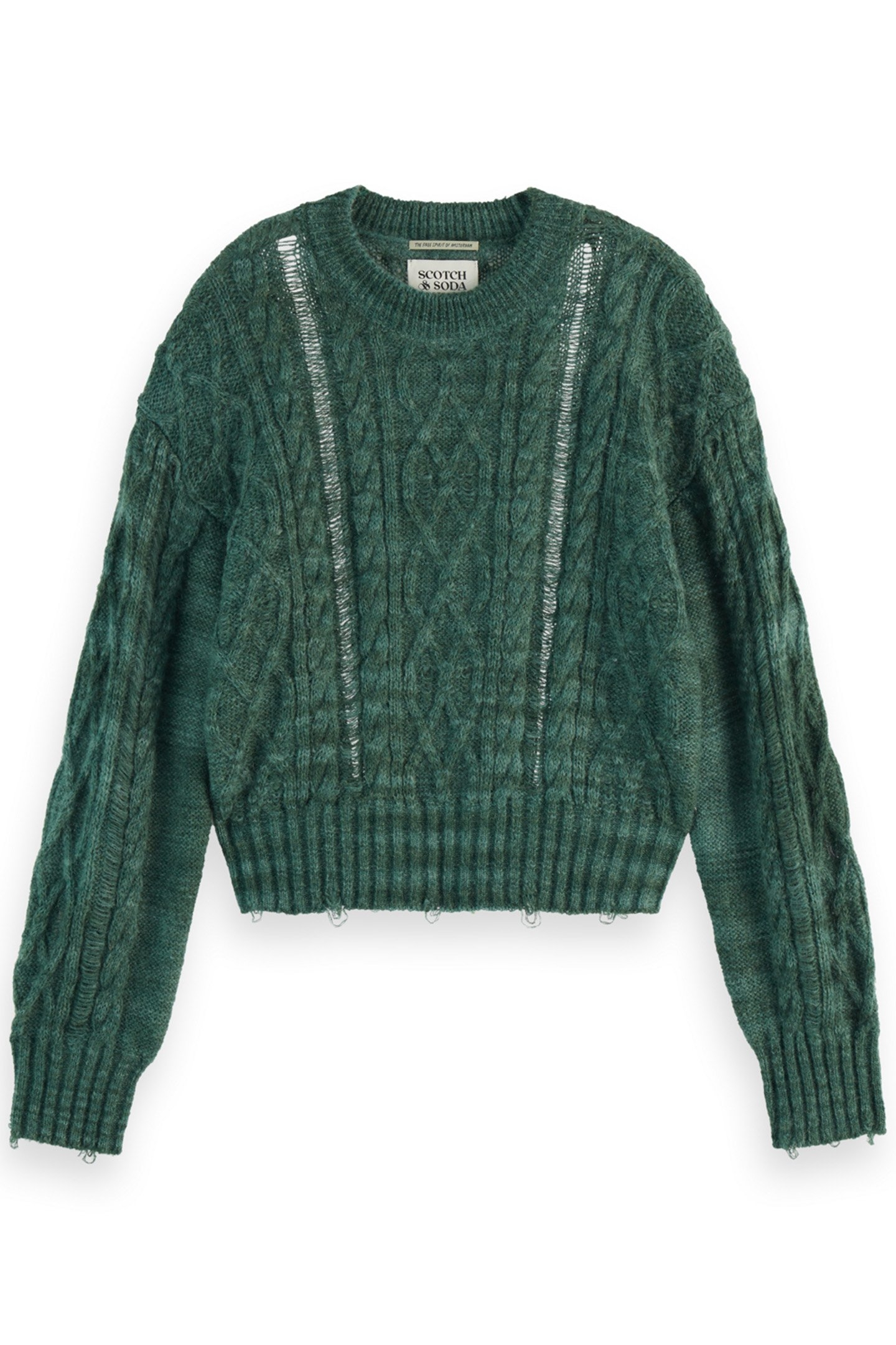 DISTRESSED CABLE STITCH CROPPED PULLOVER GREEN SPACE DYE 1