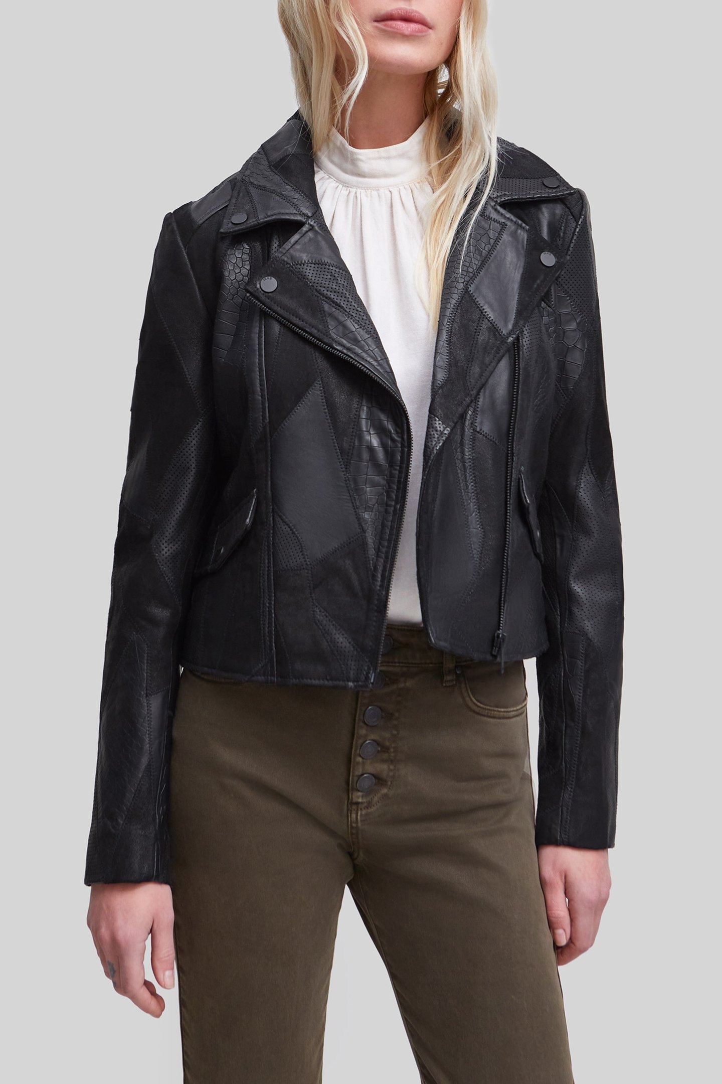 BLACK LEATHER PATCHWORK-LOOK BIKER-STYLE JACKET 1